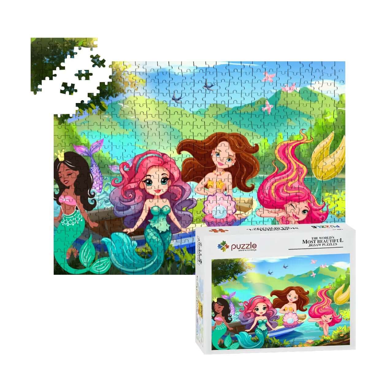 Holzpuzzle, 500 Teile (horizontal) mit Meerjungfrauenmotiv und Puzzlebox im Hintergrund.