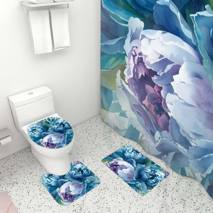 Badezimmerteppich-Set mit Duschvorhang, 4-teilig, aus Polyester mit floralem Design, umfasst Teppich, Sitzabdeckung und U-Form-Teppich.