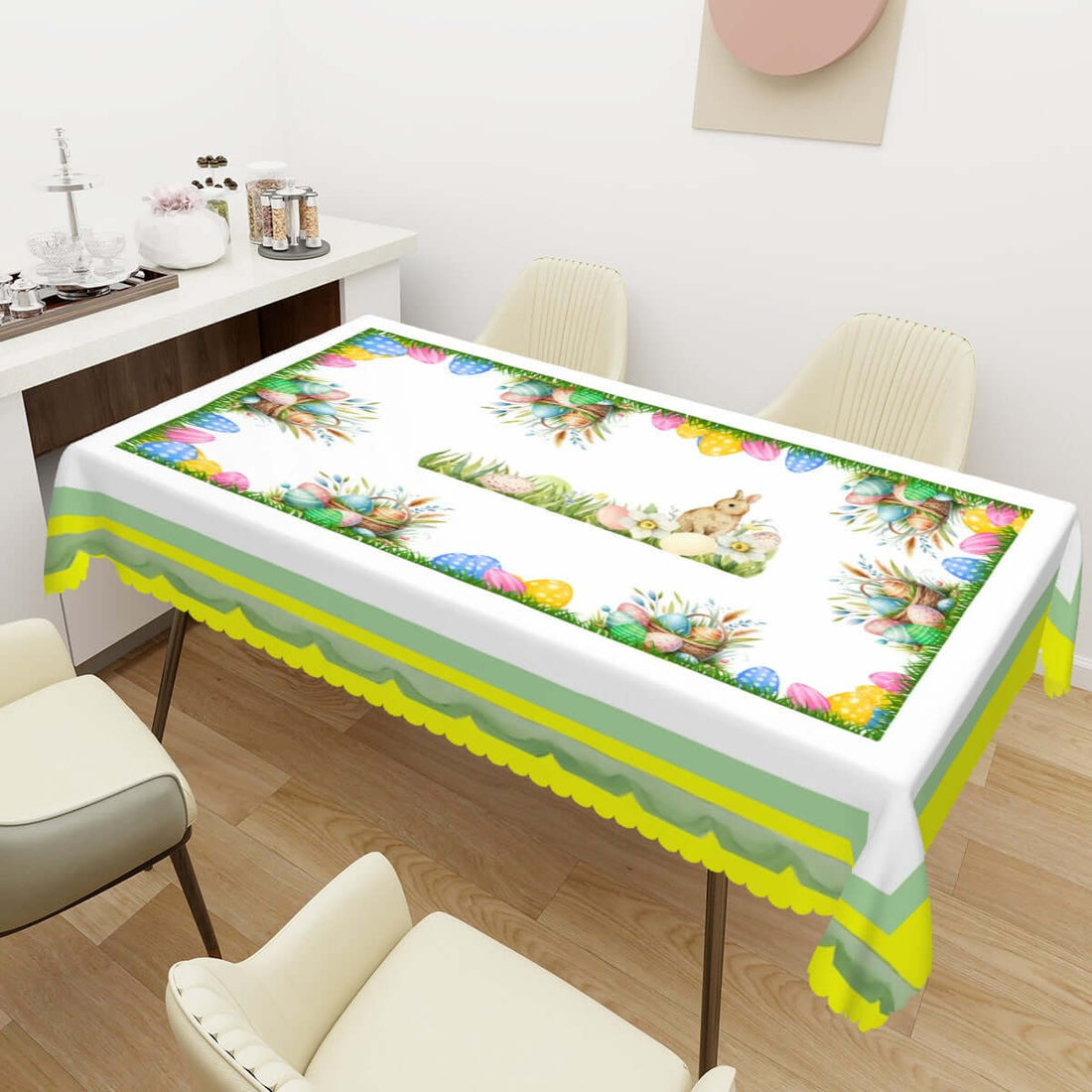 Rechteckige Tischdecke mit Wellenrand Ostermotiv aus 100% Polyester, 72"x54", buntem Ostermuster und wasserfestem Stoff.