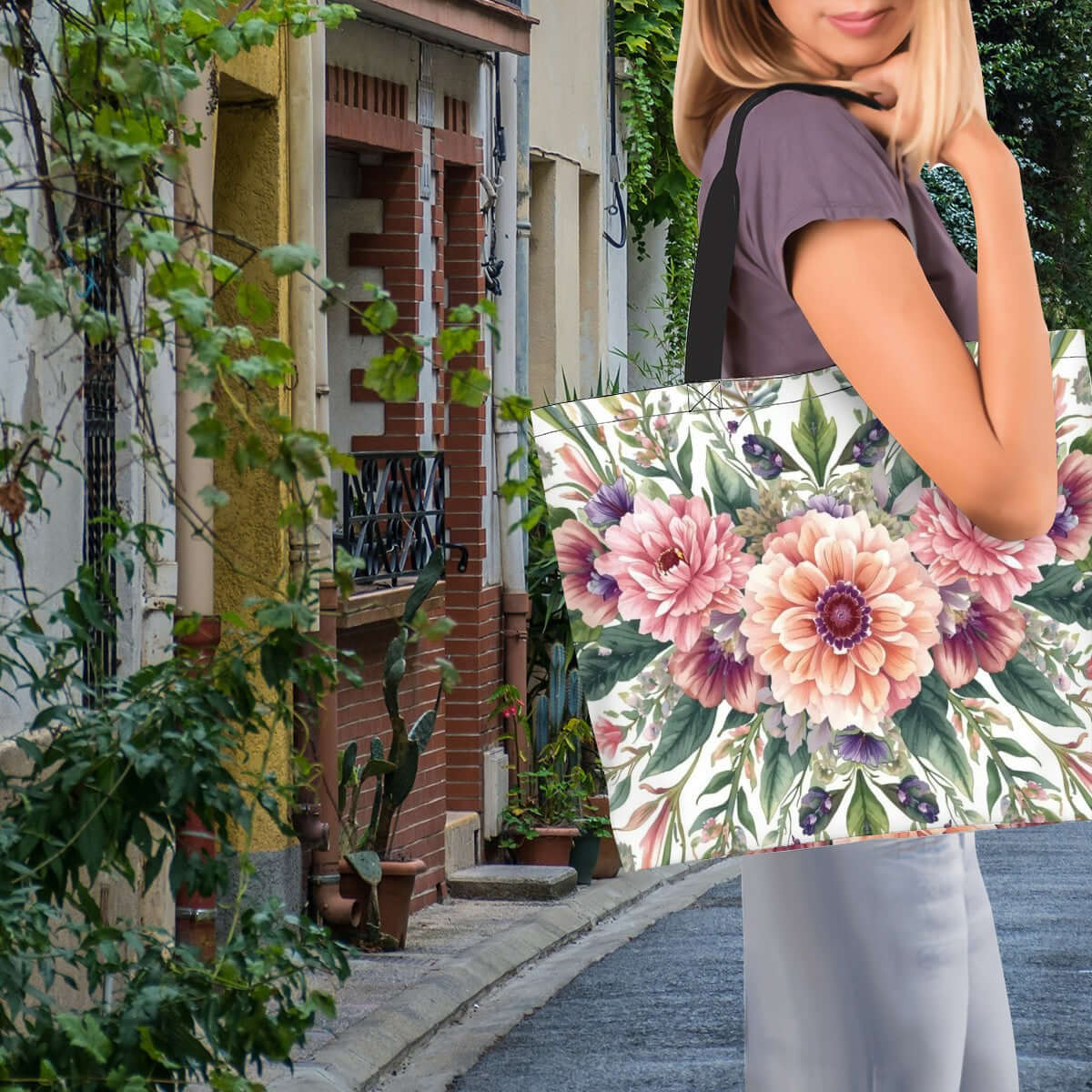 Große Schultertasche für Damen mit Blumenmuster, 100% Polyester, 19,7"x15,7"x5,9". Einseitiges Design in urbaner Umgebung.