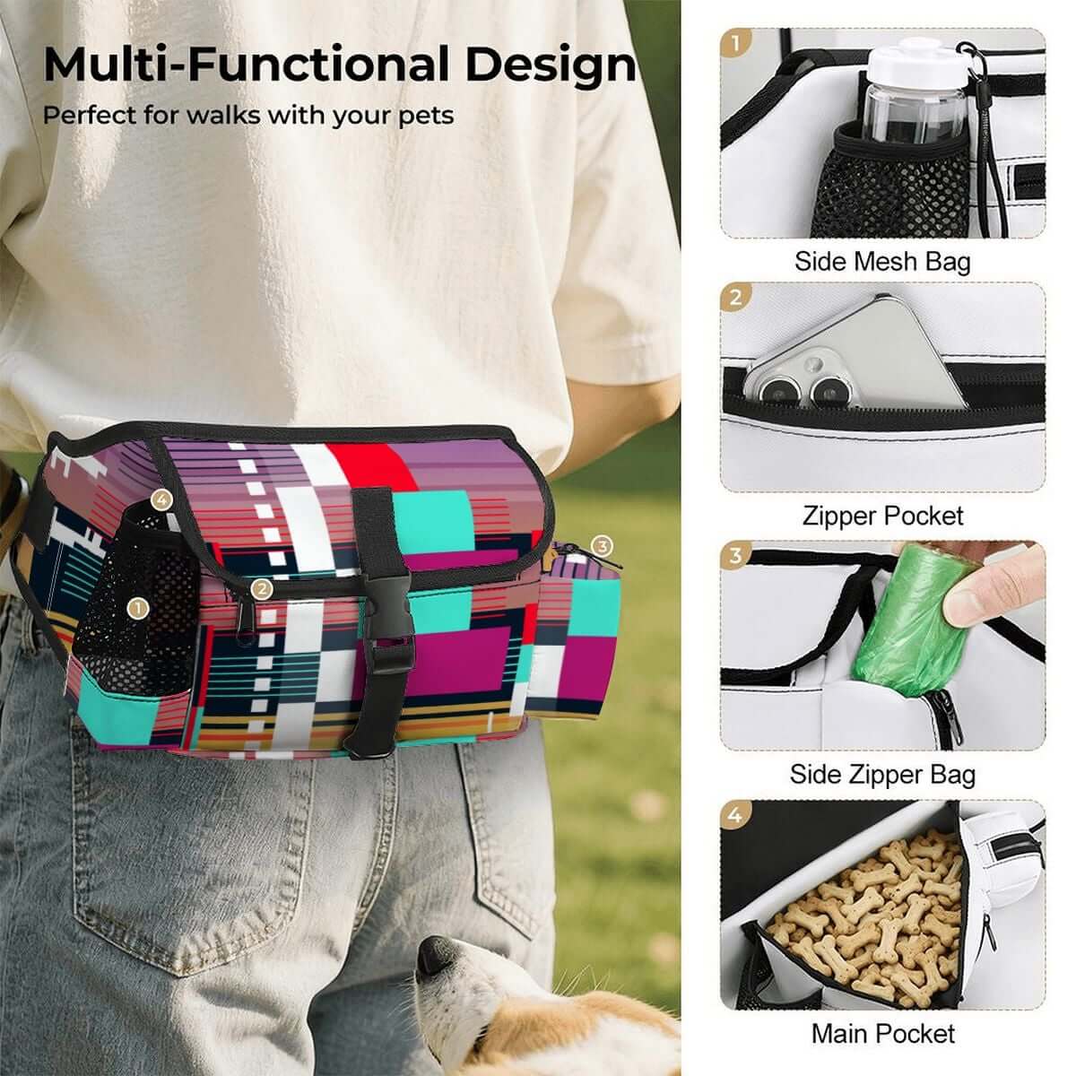 Hüfttasche für das Outdoor-Training von Haustieren mit multifunktionalem Design und verschiedenen Taschen.
