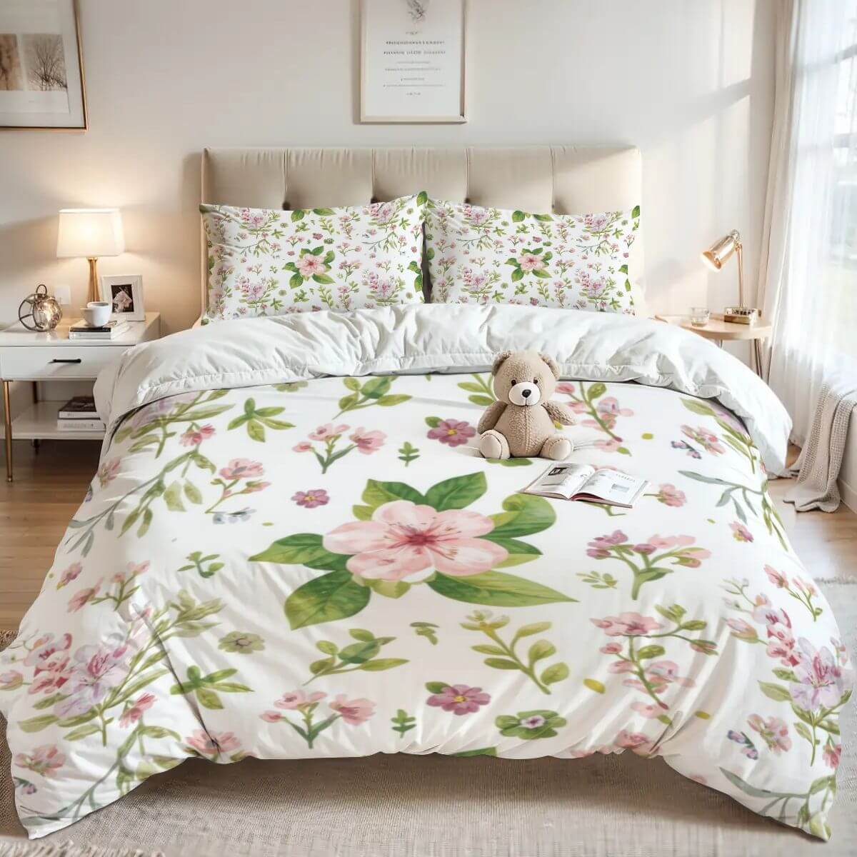 Queen-Bettwäsche-Set aus 90GSM Polyester, bedruckt mit floralen Designs, passend für 90"x90" Bettbezug und Kissenbezüge 30"x20".