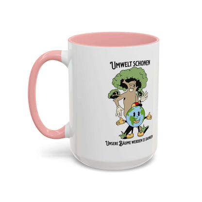 Kaffeetasse Umweltliebhaber Geschenk mit fröhlichem Design aus Baum und Erde, rosa Henkel, ideal für Gartenliebhaber.