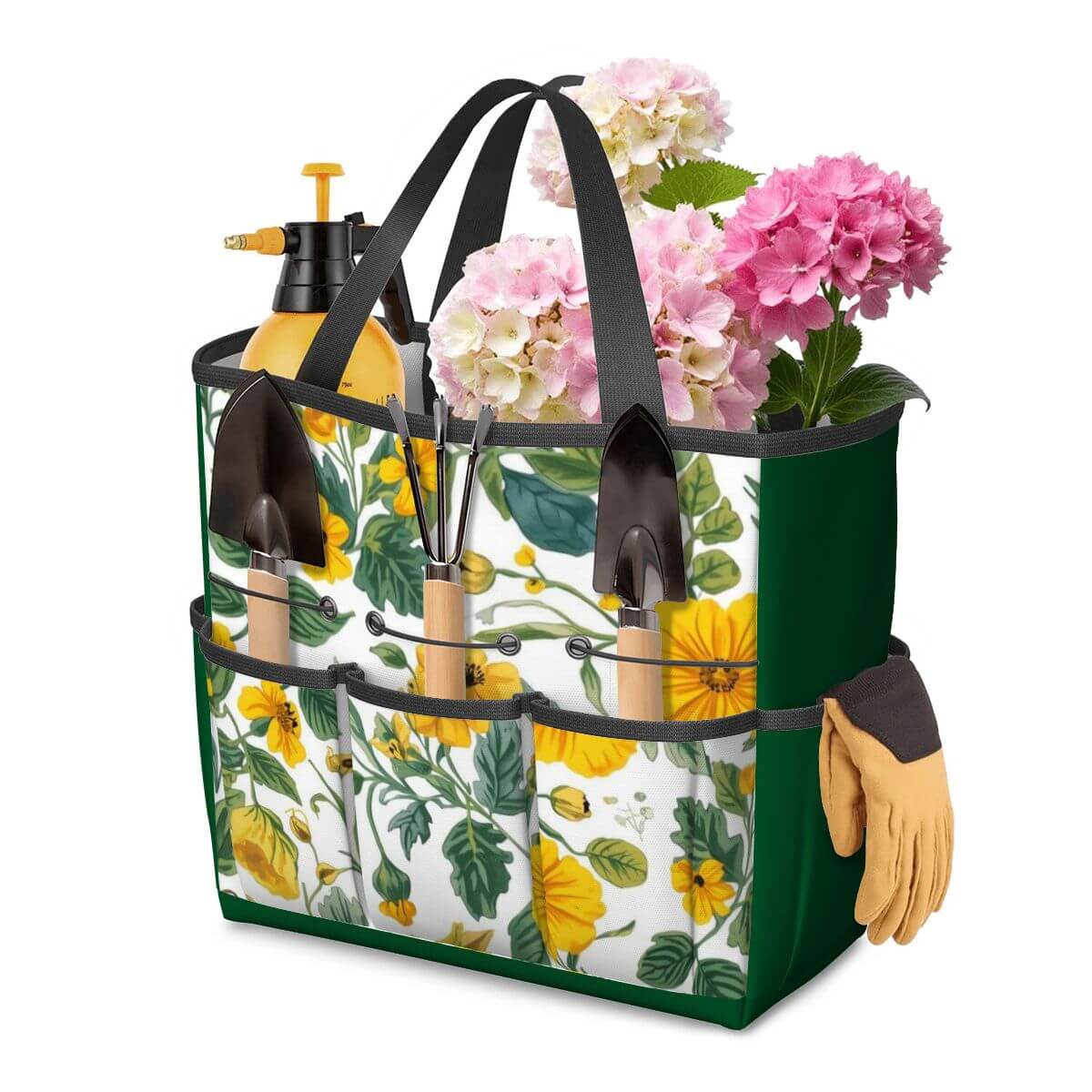 Gartengerätetasche aus Oxford-Stoff mit Blumenmuster, ausgestattet mit Gartenwerkzeugen und Tragegriffen, ideal für Gartenarbeit.