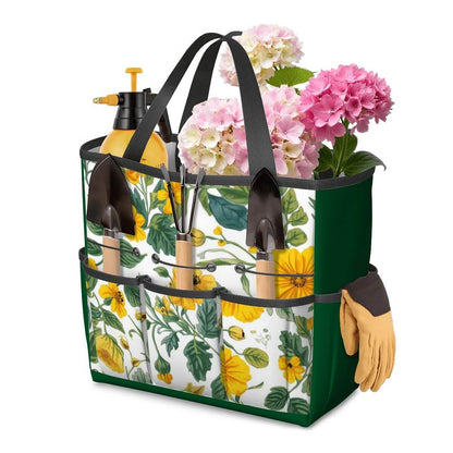 Gartengerätetasche aus Oxford-Stoff mit Blumenmuster, ausgestattet mit Gartenwerkzeugen und Tragegriffen, ideal für Gartenarbeit.