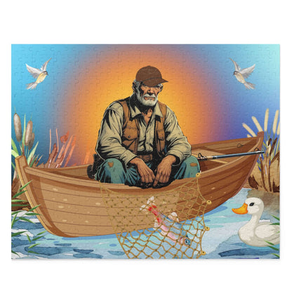 Details für Fischerpuzzle am See und Ente bei Sonnenaufgang