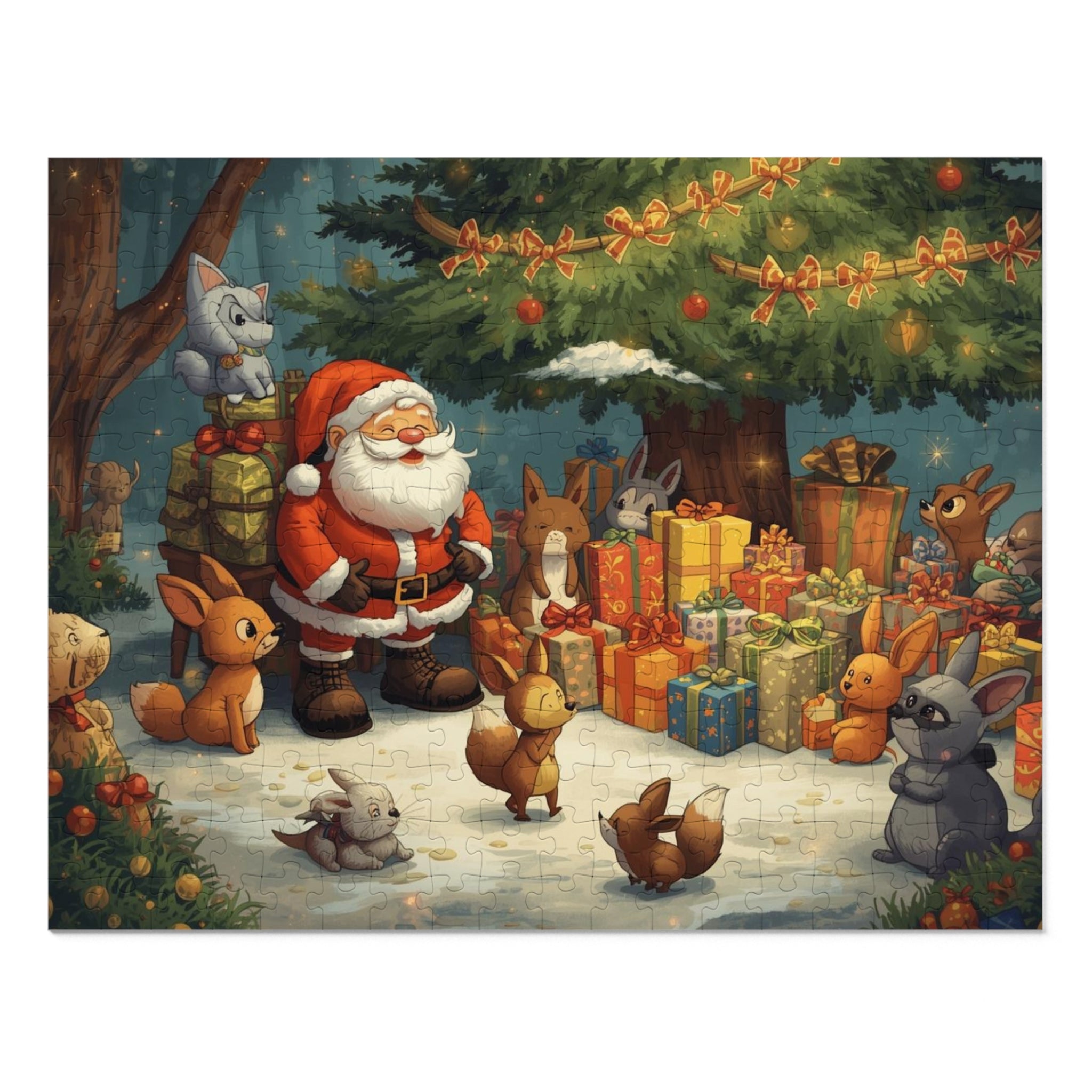 Festliches Weihnachtspuzzle mit Dose Weihnachtsmann und Tiere