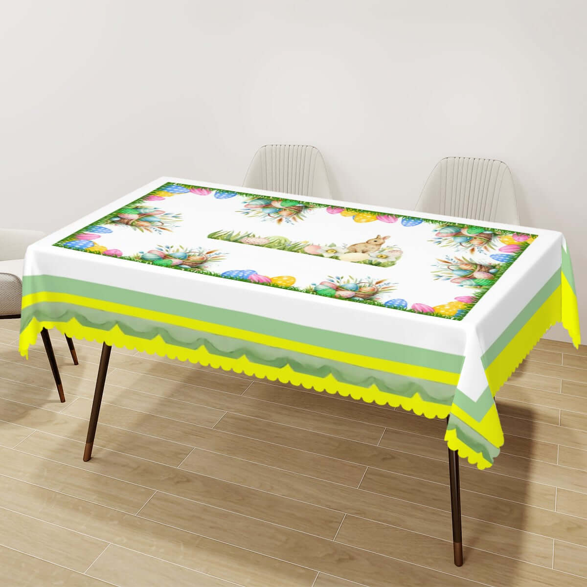 Rechteckige Tischdecke mit Wellenrand Ostermotiv, 100% Polyester, 72"x54", bunte Ostereier und Blumenmuster, idealer Wasserschutz