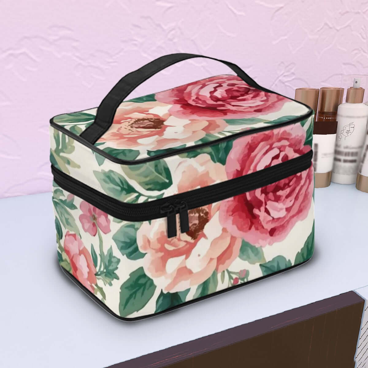 Tragbare Reise-Kosmetiktasche aus Polyester mit Blumenmuster, große Kapazität, eleganter Reißverschluss, ideal für Reisen, Details für Tragbare Reise-Kosmetiktasche ansehen