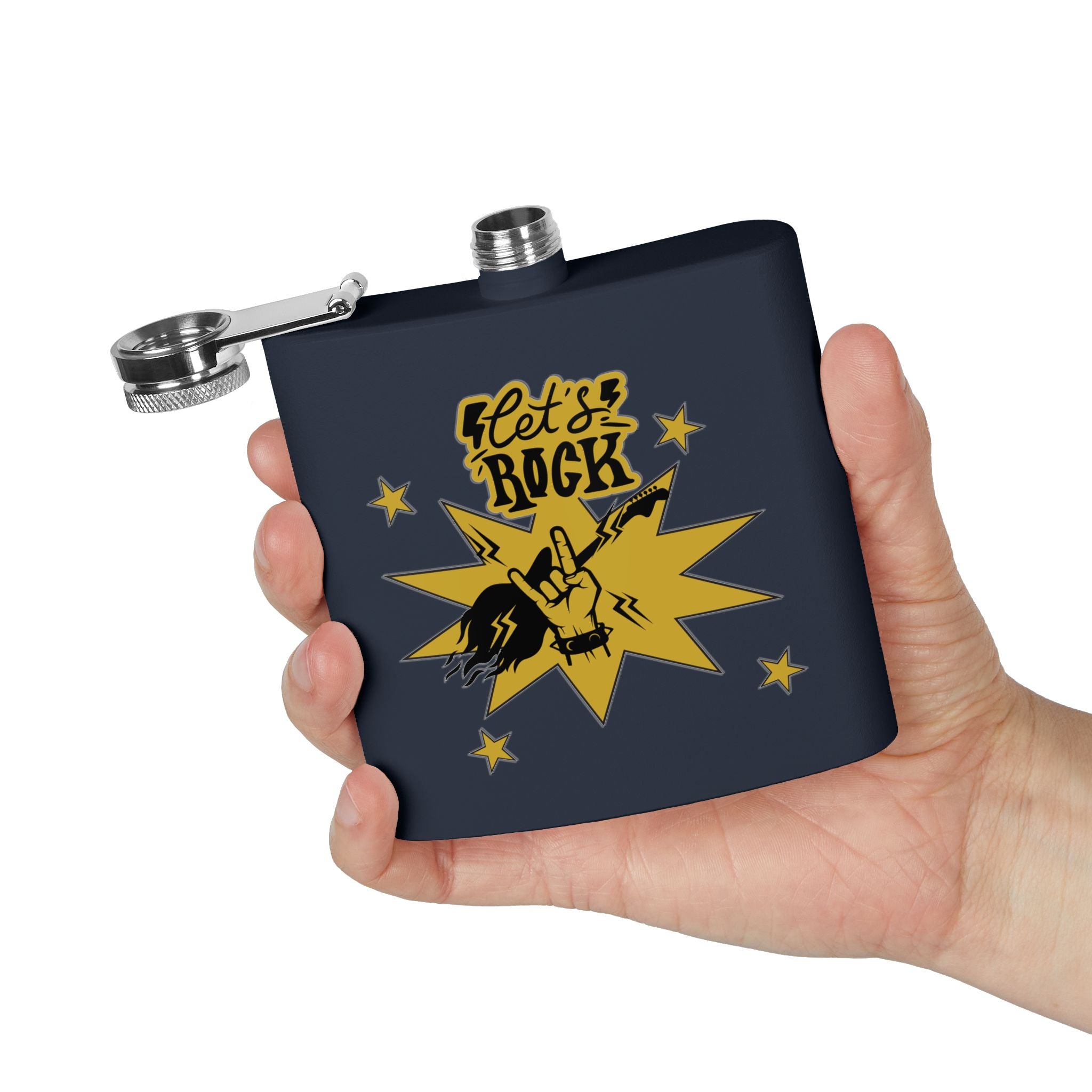 Edelstahl-Flachmann „Rock On“ – 170 ml „Let’s Rock“-Design für Musikliebhaber dunkelblau in der Hand