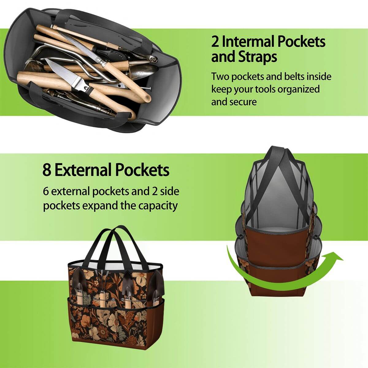 Gartengerätetasche mit 2 Innentaschen und 8 Außentaschen, wasserdichter Oxford-Stoff, perfekte Aufbewahrung für Gartengeräte.