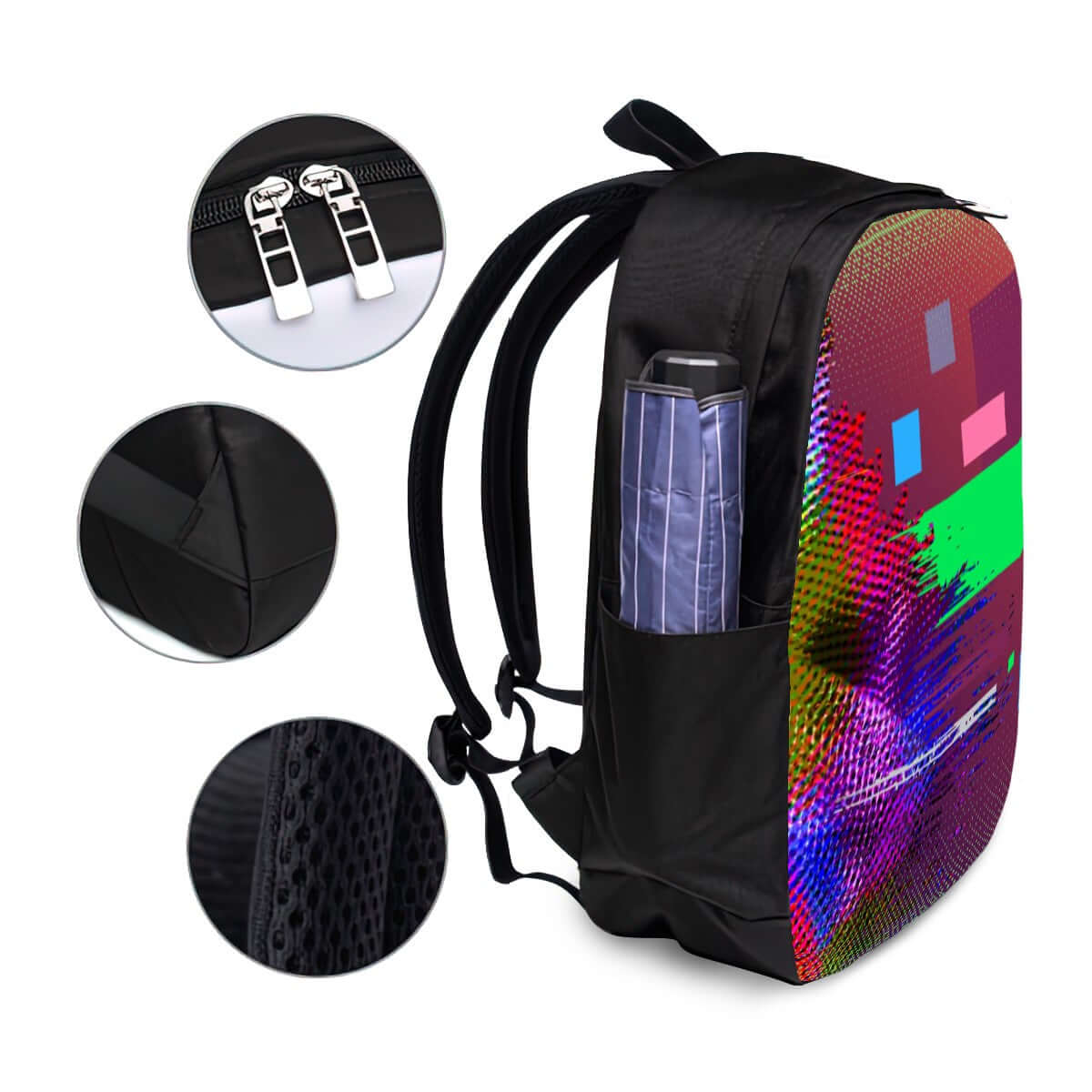 Oxford Reise-Laptop-Rucksack mit USB-Anschluss, bunte Seite, Details zu Reißverschluss und Verstärkung, Polyestermaterial