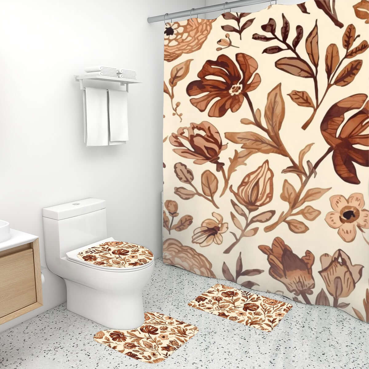 4-teiliges Badezimmerteppich-Set mit Duschvorhang in Blumendesign, Polyester, wasserfest, geeignet für Badezimmerdekoration