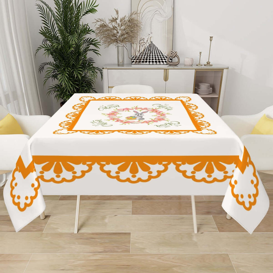 Quadratische Tischdecke Ostermotiv aus Polyester, 54"x54". Einseitiger Sublimationsdruck, wasserabweisend, stilvoll und wiederverwendbar.