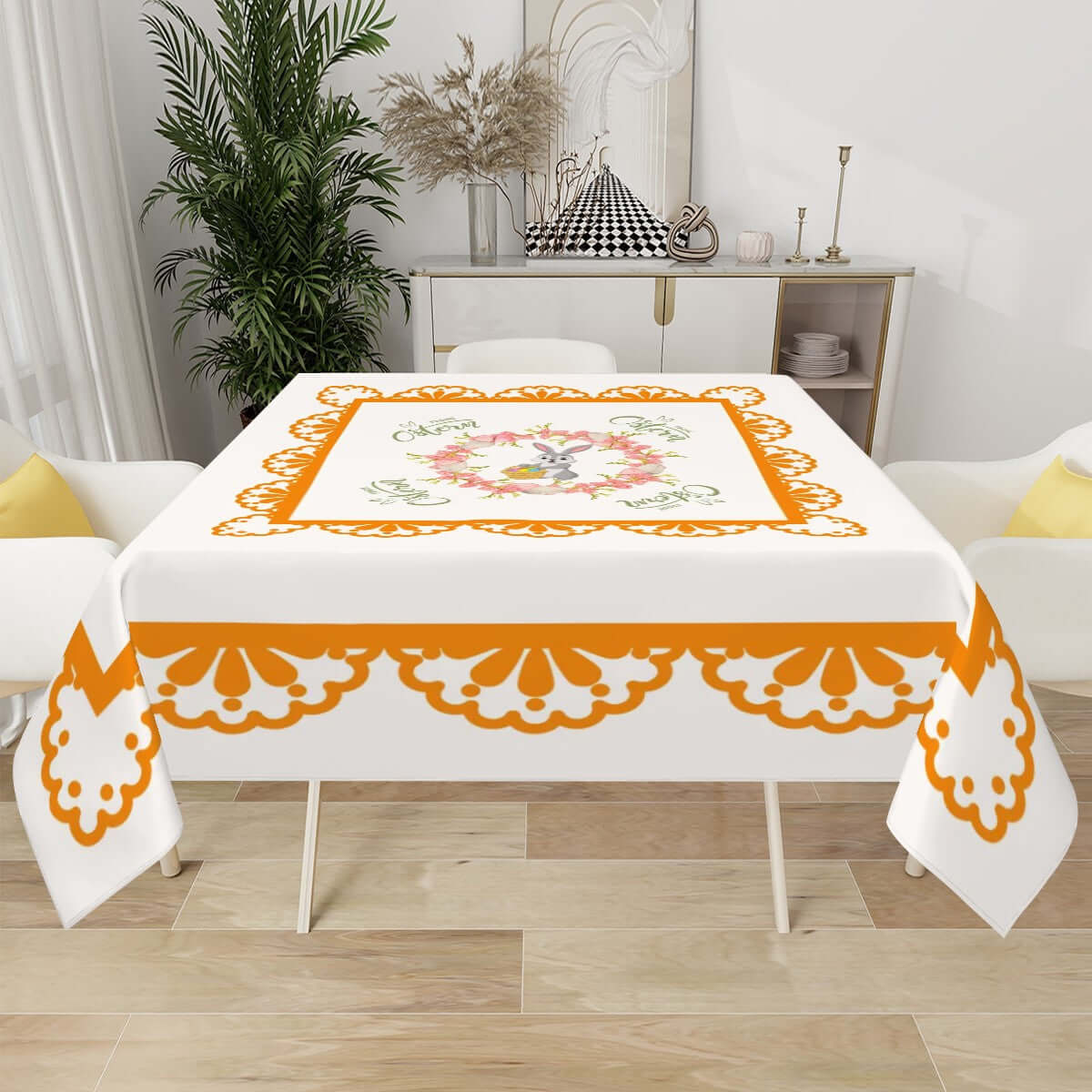 Quadratische Tischdecke Ostermotiv aus Polyester, 54"x54". Einseitiger Sublimationsdruck, wasserabweisend, stilvoll und wiederverwendbar.