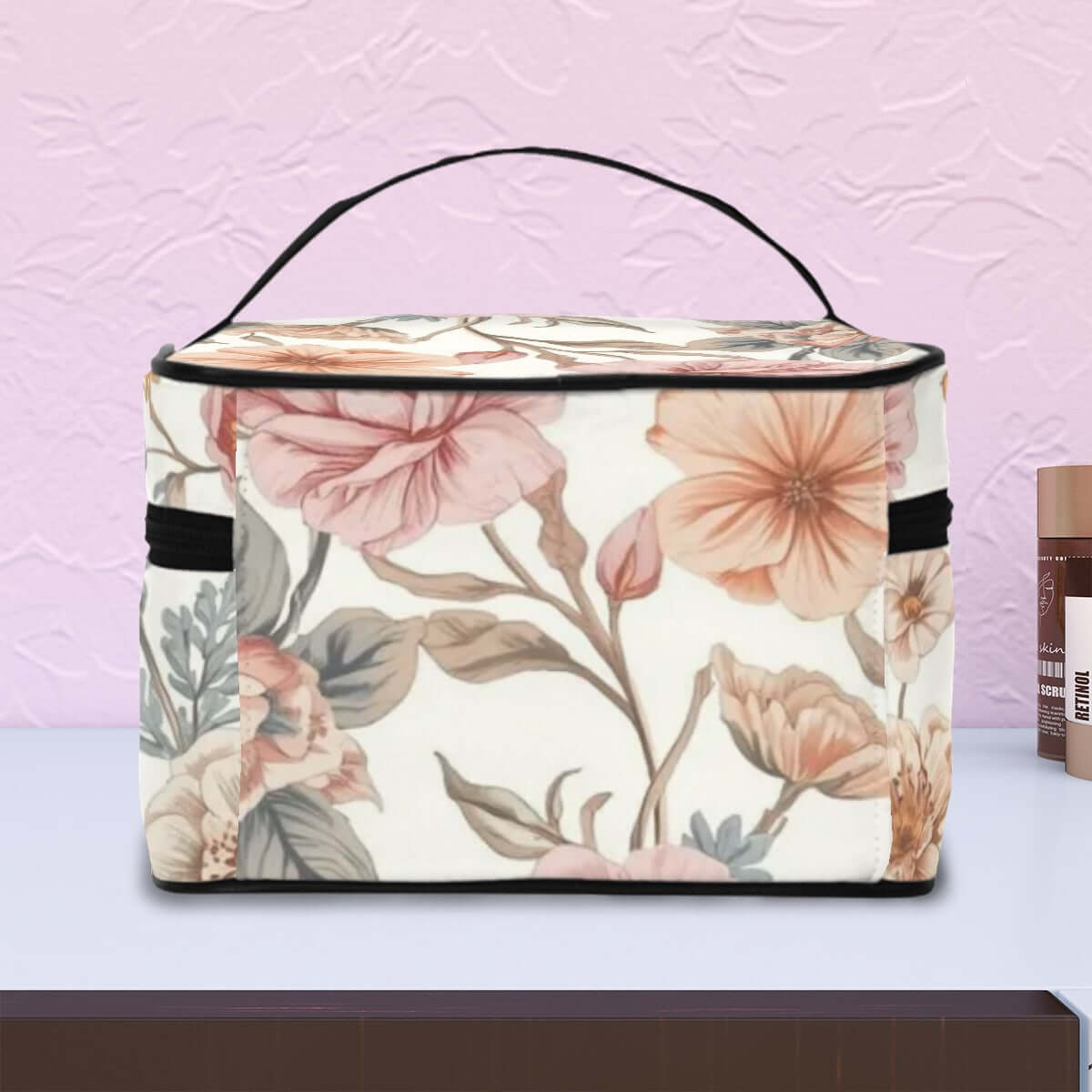 Tragbare Reise-Kosmetiktasche mit Blumenmuster aus Polyester, einseitiger Druck, 9,0"x6,7"x6,3", elegante Struktur mit Reißverschluss, große Kapazität