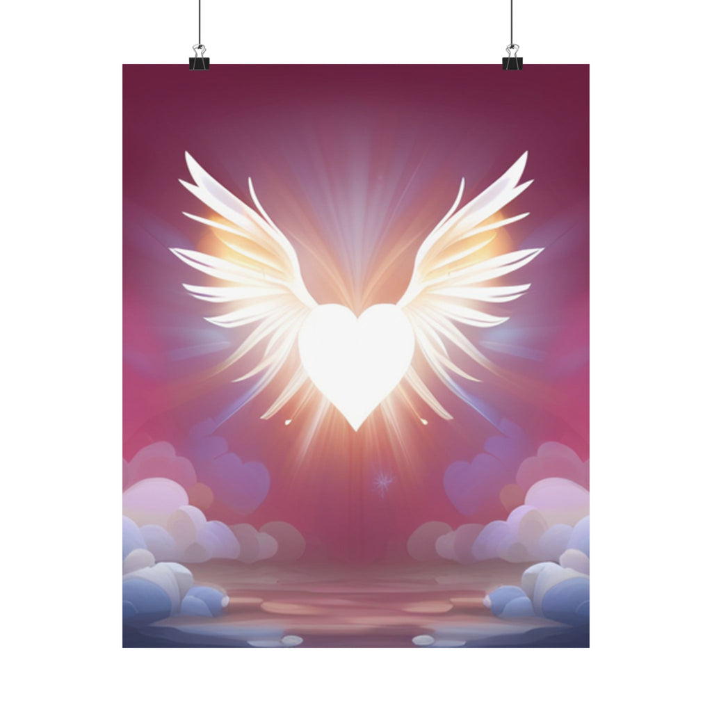 Himmlisches Herz Satin Poster, spiritueller Kunstdruck geflügelter Engel