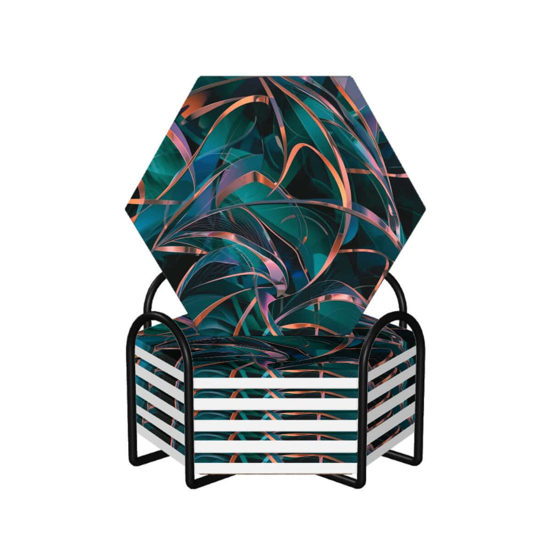 Sechseckige Keramikuntersetzer, 6er-Set, mit modernem Design gestapelt im Ständer, außen grün und orange Muster.