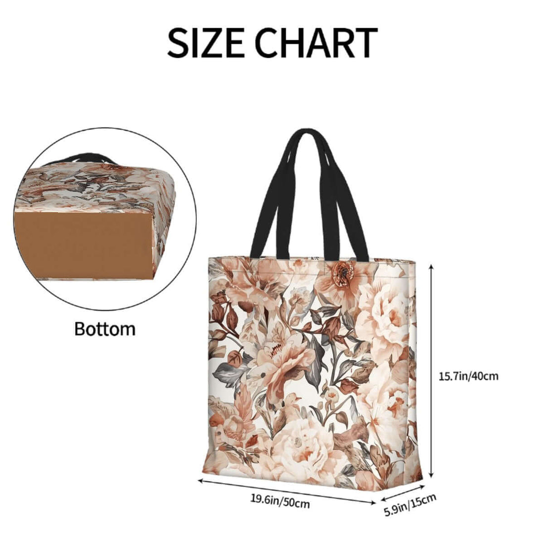 Größe der Große Tragetasche mit Blumenmuster, Abmessungen 19,6x15,7x5,9 Zoll aus 100 % Polyester mit Umhängetasche