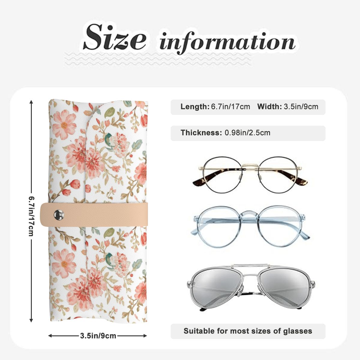 Brillenetui aus PU-Leder in Blumenmuster mit Größenangaben, geeignet für verschiedene Brillen.