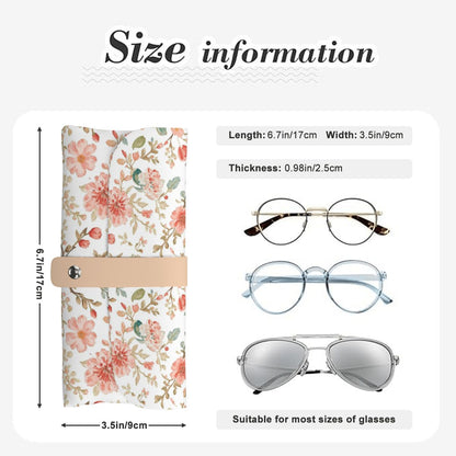 Brillenetui aus PU-Leder in Blumenmuster mit Größenangaben, geeignet für verschiedene Brillen.