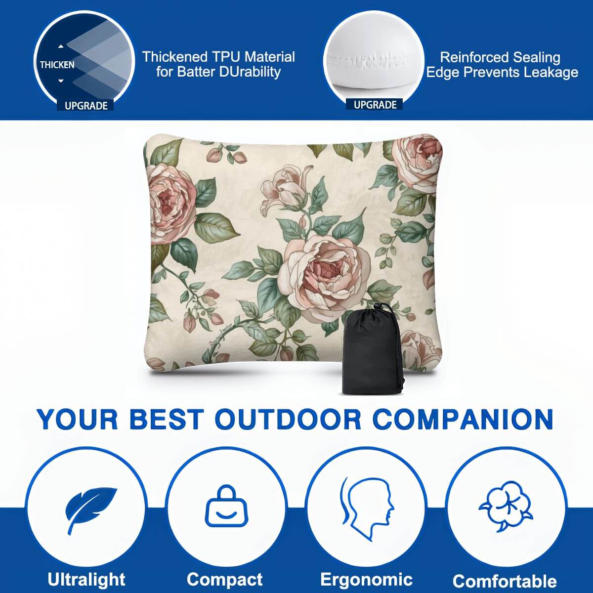 Aufblasbares Campingkissen mit floralem Design und Blasventil, ultraleicht, kompakt und ergonomisch für Outdoor-Nutzung.