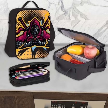 3er-Set Taschen (Oxford-Rucksack, Lunchtasche &amp; Federmäppchen) aus Oxford-Stoff, Grafikdesign, robuste und stilvolle Taschen auf Küchenarbeitsplatte.