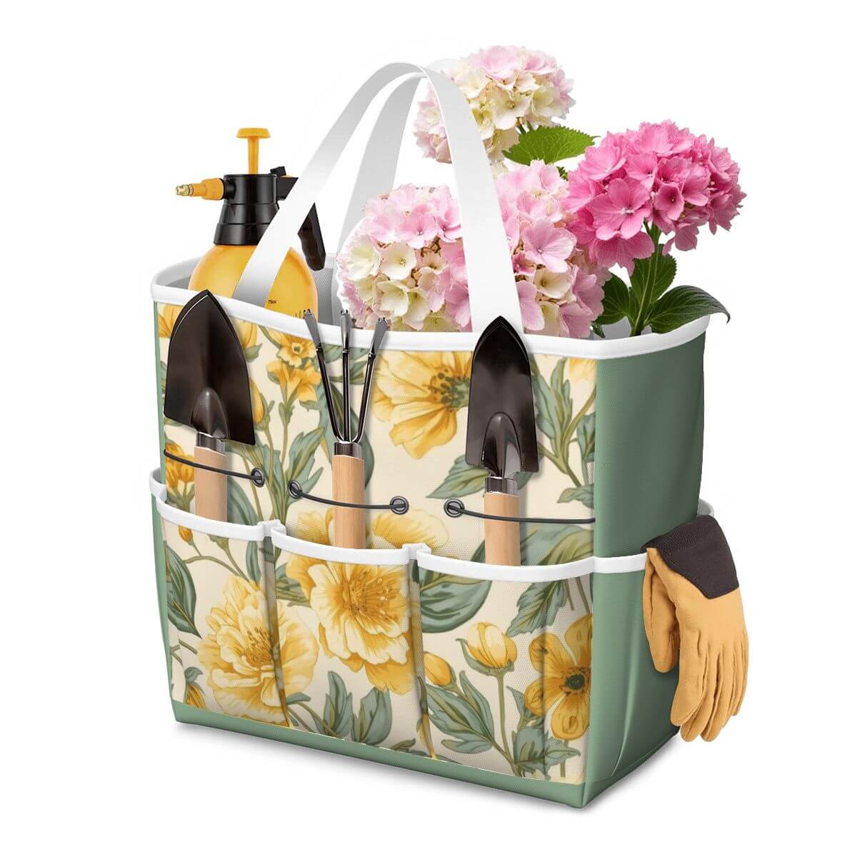 Gartengerätetasche aus Oxford-Stoff mit Blumendruck, mehreren Taschen zur Aufbewahrung und Gartenwerkzeug, wasserdicht und langlebig.