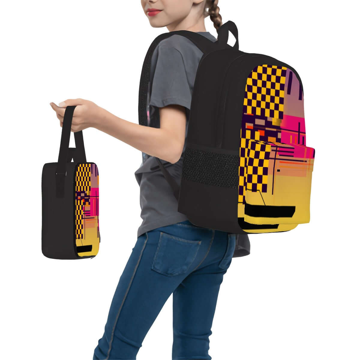 Colorful 3er-Set Taschen (Oxford-Rucksack, Lunchtasche &amp; Federmäppchen) with vibrant design held by a person, showing style and versatility