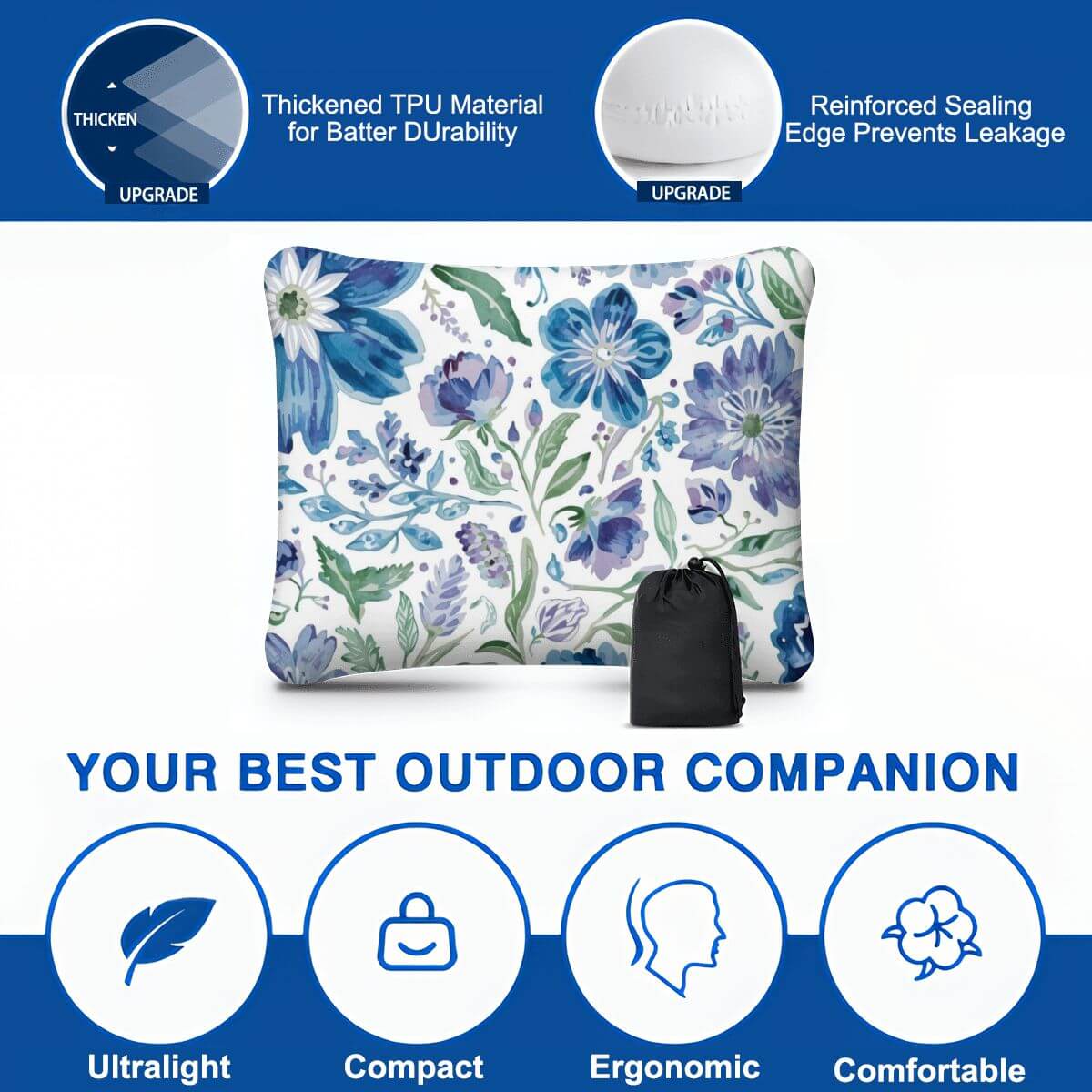 Video Aufblasbares Campingkissen mit blumigem Design, leicht und ergonomisch, ideal für Outdoor-Abenteuer.