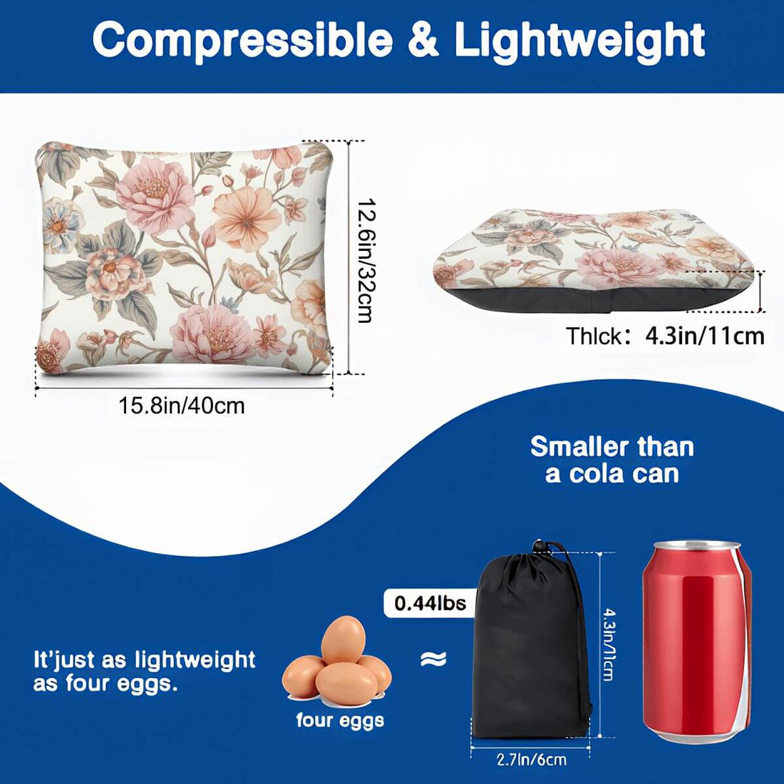 Aufblasbares Campingkissen mit Blumendesign, kompakt und leichter als vier Eier, Packmaß kleiner als eine Coladose, Polyester-Material.