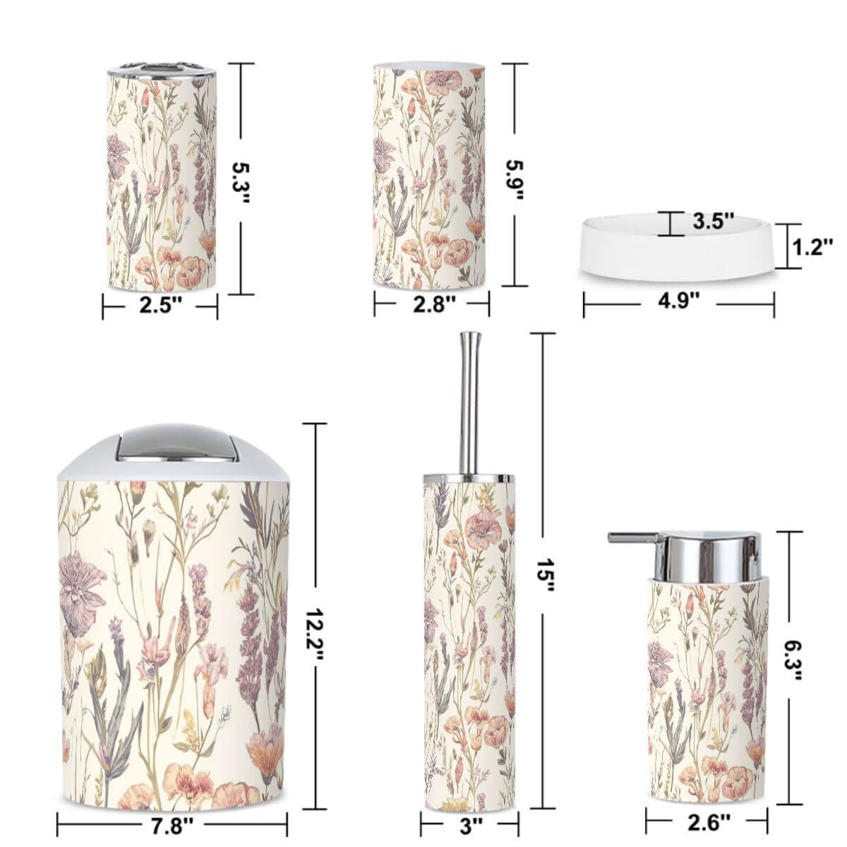 Badezimmer-Accessoires-Set, 5-teilig mit floralen Mustern, umfasst Zahnbürstenhalter und Seifenspender, aus Kunststoff, langlebig und wasserdicht.