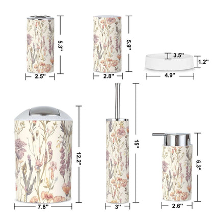 Badezimmer-Accessoires-Set, 5-teilig mit floralen Mustern, umfasst Zahnbürstenhalter und Seifenspender, aus Kunststoff, langlebig und wasserdicht.