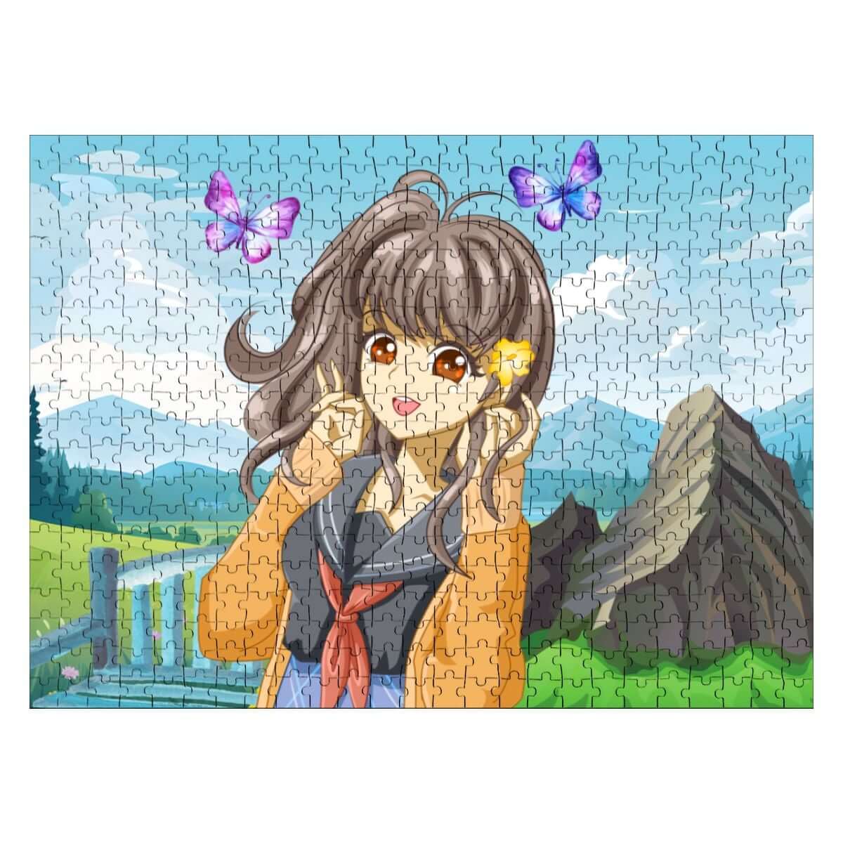 Anime-Mädchen in ländlicher Landschaft, 500-teiliges Holzpuzzle (horizontal), bezaubernde Farben, detailreiches Design.