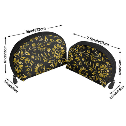 Zwei schwarze Aufbewahrungsbeutel-Set mit goldenen Blumenmustern. Aufbewahrungsbeutel-Set mit Maßen 9"x3.5"x6" und 7.5"x2.5"x5".