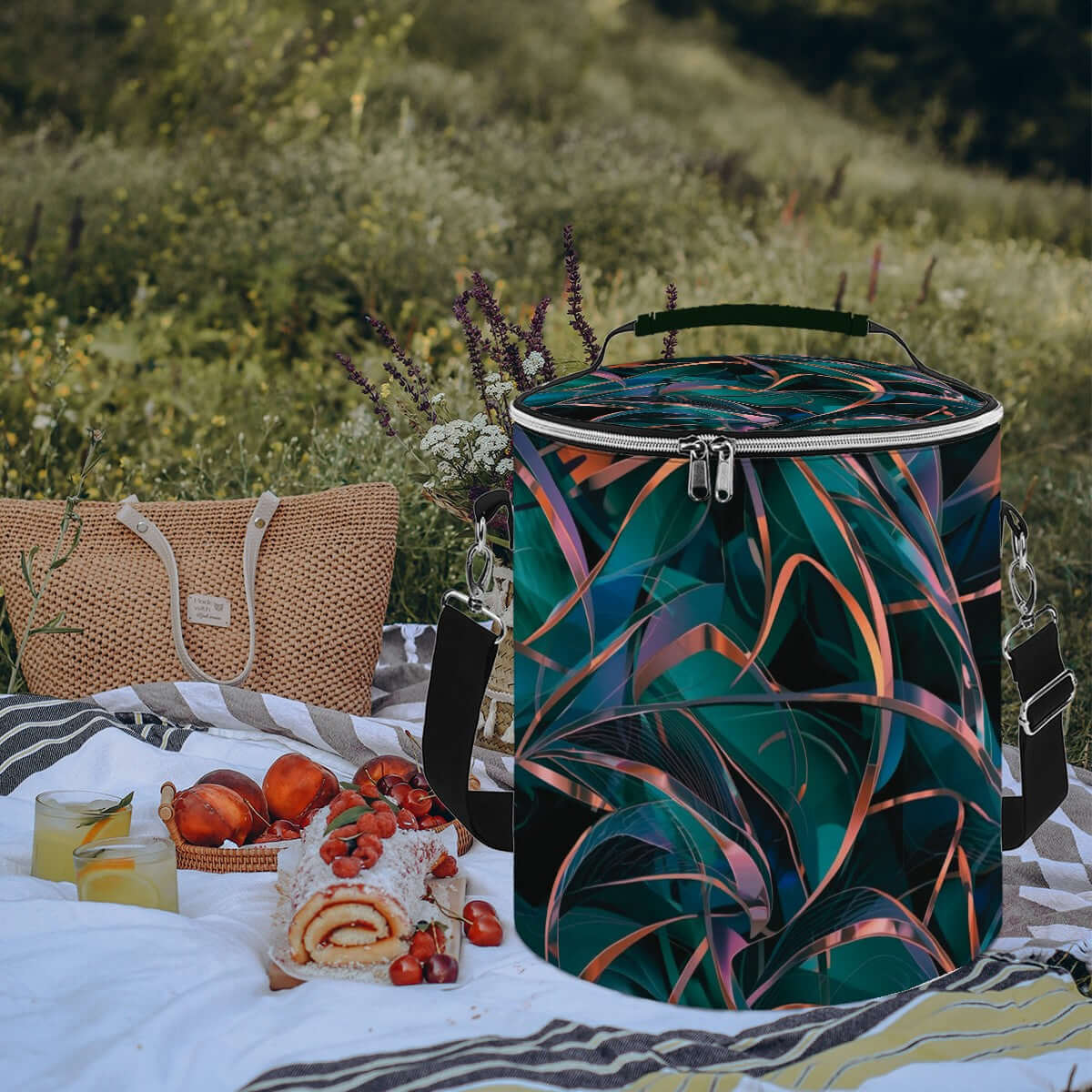 Camping-Kühltasche tragbar isoliert wasserdicht aus Polyester auf Wiese, ideal für Camping-Ausflüge, farbenfrohes Design.