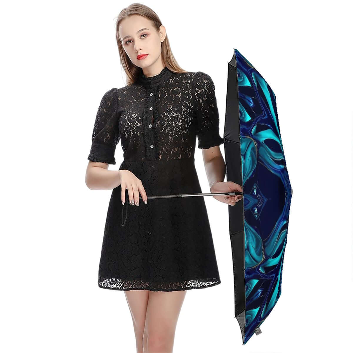 Frau hält UV-Schutz-Regenschirm mit einseitigem Design und Vinylbeschichtung, Details für UV-Schutz-Regenschirm ansehen