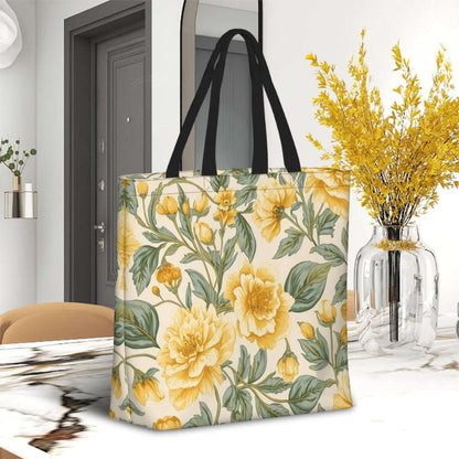 Große Tragetasche mit floralen Mustern aus 100 % Polyester, 19,6"x15,7"x5,9", dekoriert mit gelben Blumen, mehrseitiges Design