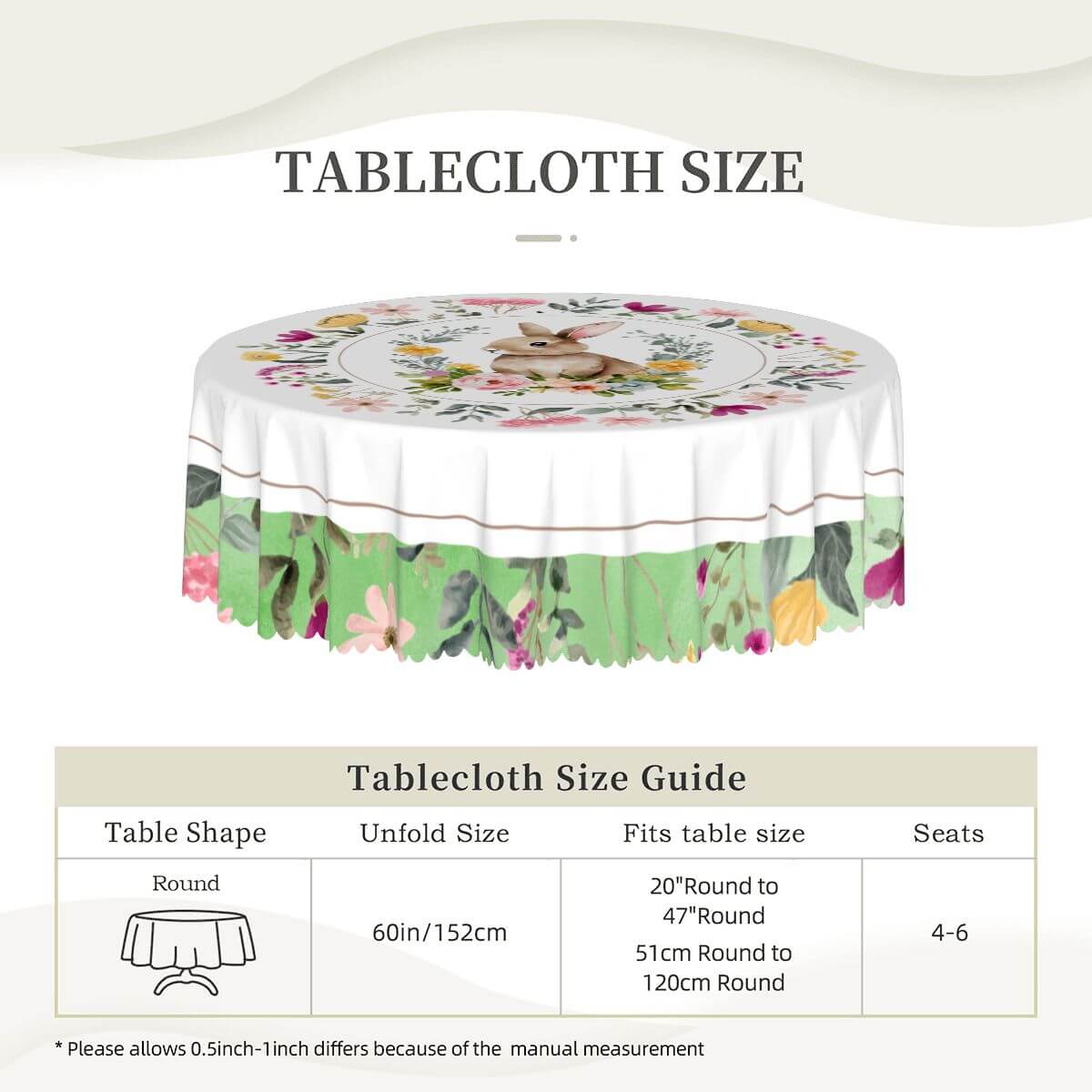 Runde Tischdecke mit gewelltem Rand, 60 Zoll Ostermotiv, aus 100 % Polyester, Sublimationsdruck, wasserfest, Tischschutz und Dekoration