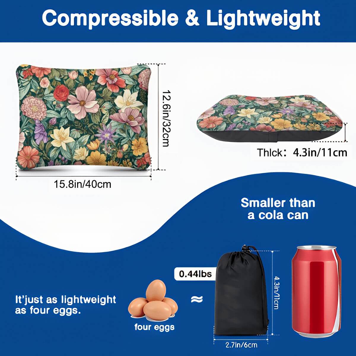 Aufblasbares Campingkissen mit Blumenmuster, leicht und faltbar, Größe 15,8x12,6x4,3 Zoll, ideal für Outdoor-Aktivitäten.