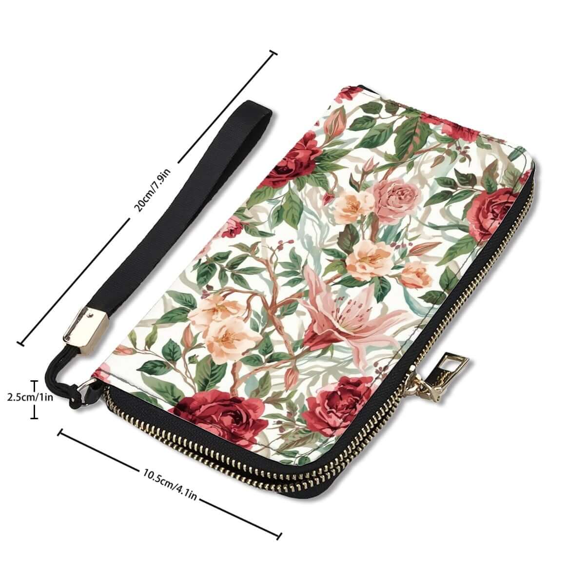 Clutch-Geldbörse für Damen mit Blumendesign, hochwertige PU, doppelseitiger UV-Druck, große Kapazität, 4,1"x7,9" Größe, schwarzrotes Muster.