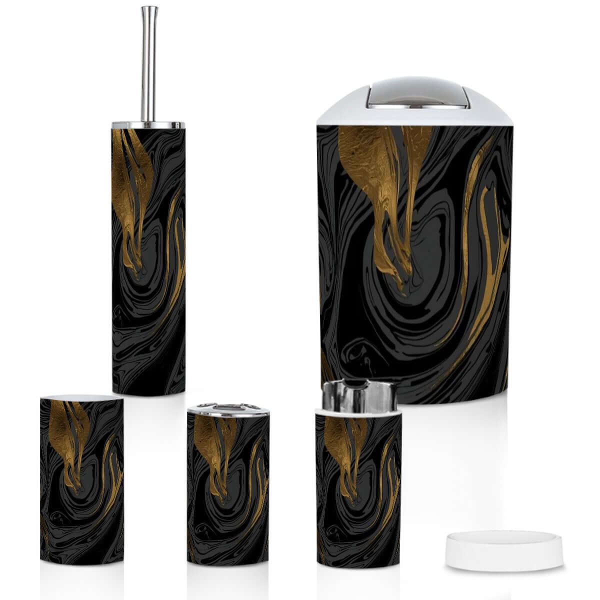 Badezimmer-Accessoires-Set, 5-teilig, schwarz-gold Design, hochwertige Kunststoffmaterialien, wasserdicht, inklusive Zahnbürstenbecher.