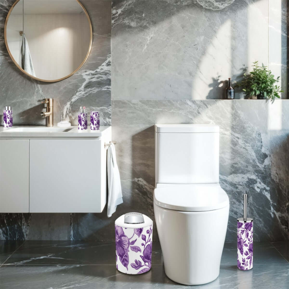 Badezimmer mit Badezimmer-Accessoires-Set, 5-teilig aus Plastik, inklusive Zahnbürstenbecher und Zahnbürstenhalter, in modernem Design.