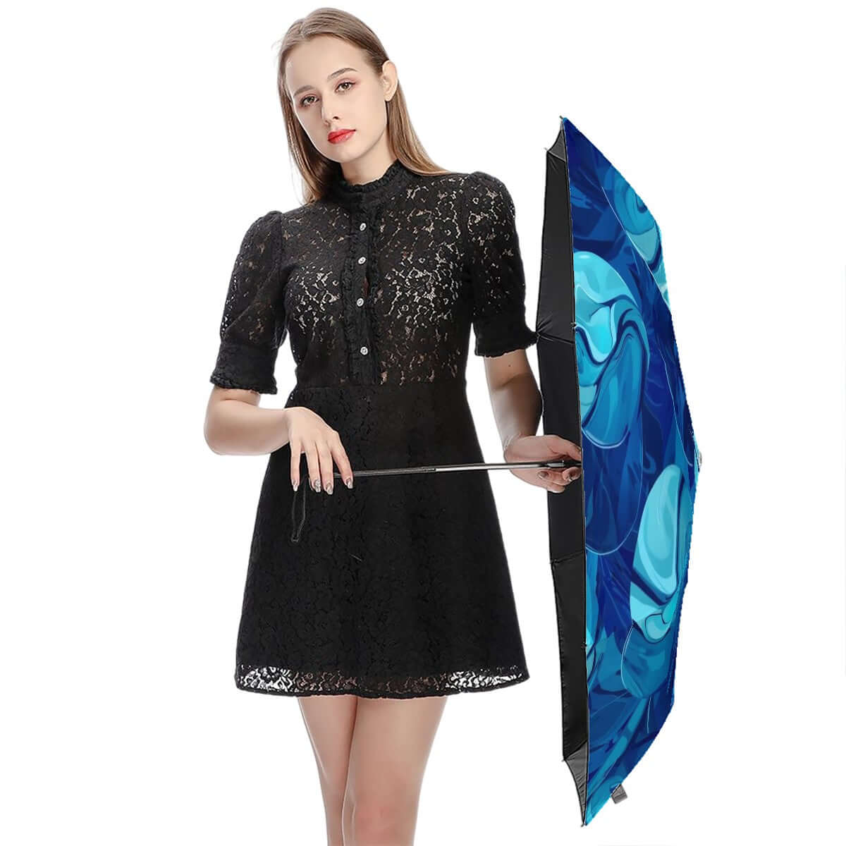 Frau mit UV-Schutz-Regenschirm, blauer Innenbeschichtung, Details für UV-Schutz-Regenschirm ansehen.