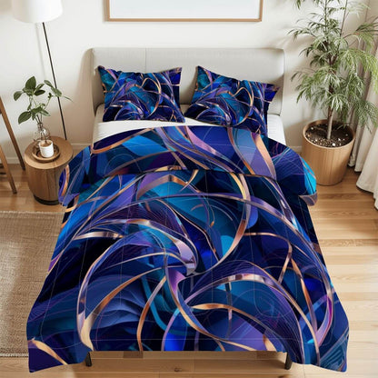 Komplettes Bettwäscheset aus 100% Mikrofaser mit abstrakten blauen Designs auf Bettdecke und Kissenbezügen, leicht und hautfreundlich.