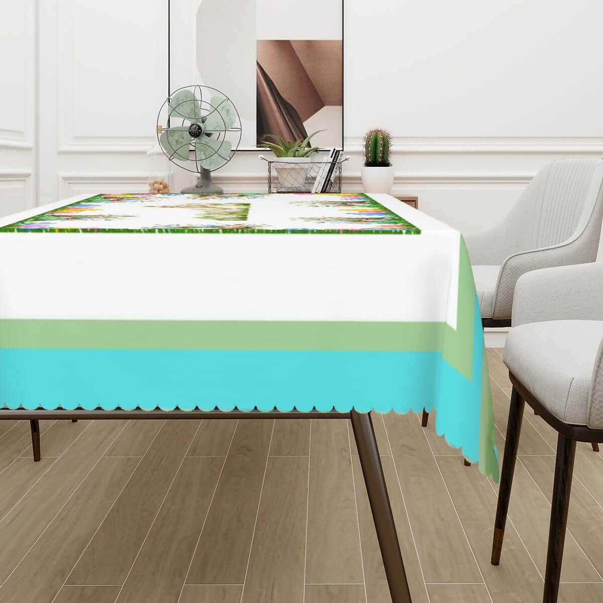 Rechteckige Tischdecke mit Wellenrand Ostermotiv auf modernem Esszimmertisch, 100 % Polyester, einseitiger Sublimationsdruck, 72"x54".