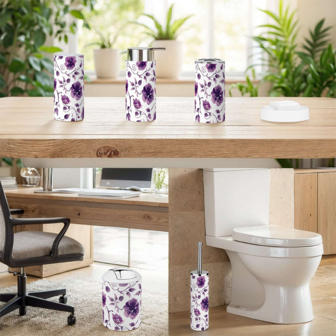 Badezimmer-Accessoires-Set, 5-teilig aus Plastik mit floralem Design, Zahnbürstenhalter und -becher, wasserdicht, fleckenbeständig.