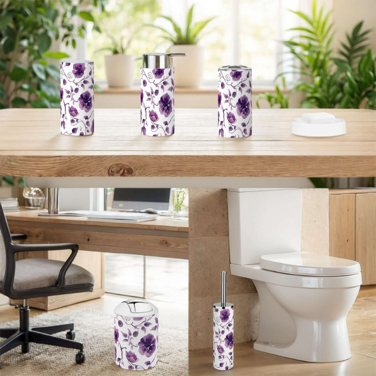 Badezimmer-Accessoires-Set, 5-teilig aus Plastik mit floralem Design, Zahnbürstenhalter und -becher, wasserdicht, fleckenbeständig.