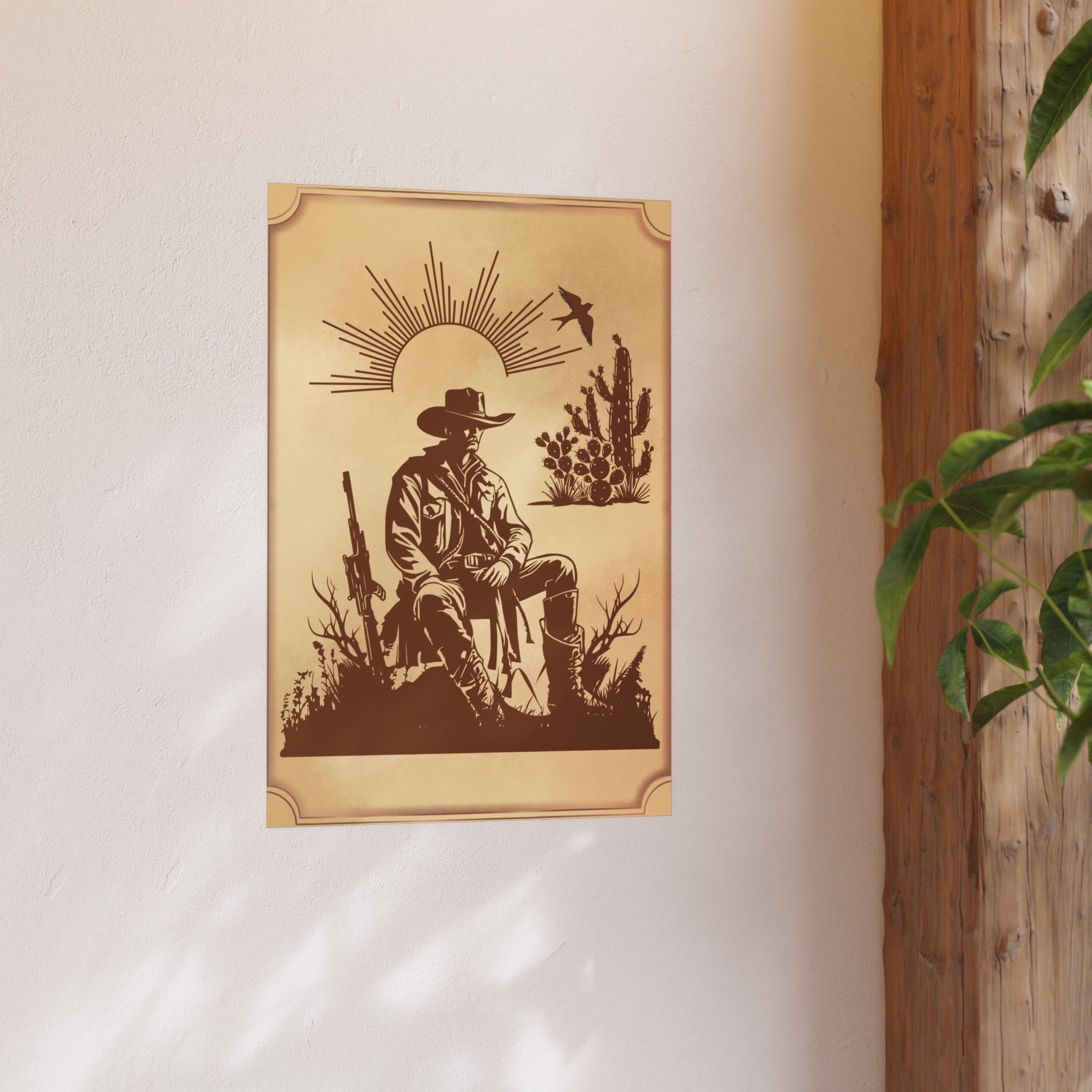 Poster Cowboy sitzt auf einem Stein in der Prärie und ruht sich aus an die Wand