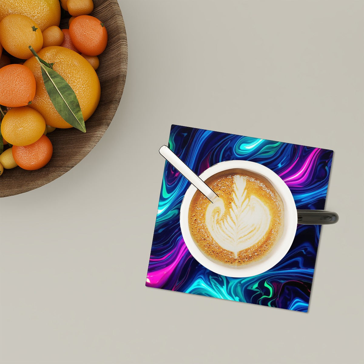 Quadratische Keramikuntersetzer mit farbigem Design und Kaffeetasse, 4"x4", einseitiger UV-Druck, 6 Stück